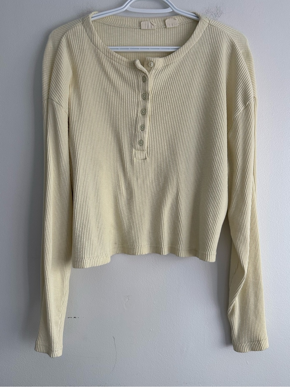 Levi's Cotton Butter Yellow Ribbed Henley Long-Sleeve Crop Blouse Size Large